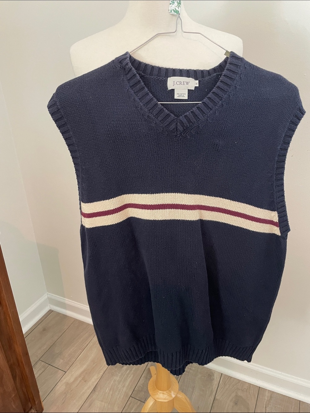 J. Crew Navy Sleeveless V-Neck Knit Vest with Cream and Burgundy Stripes